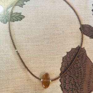 handmade Sunstone choker necklace with seed beads, bronze, and orange colors